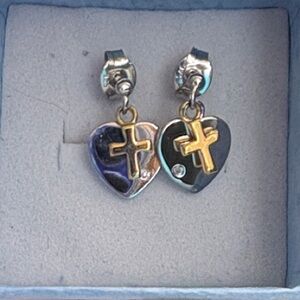 925 Silver Genuine Diamond Heart Shaped Earrings with Cross Design